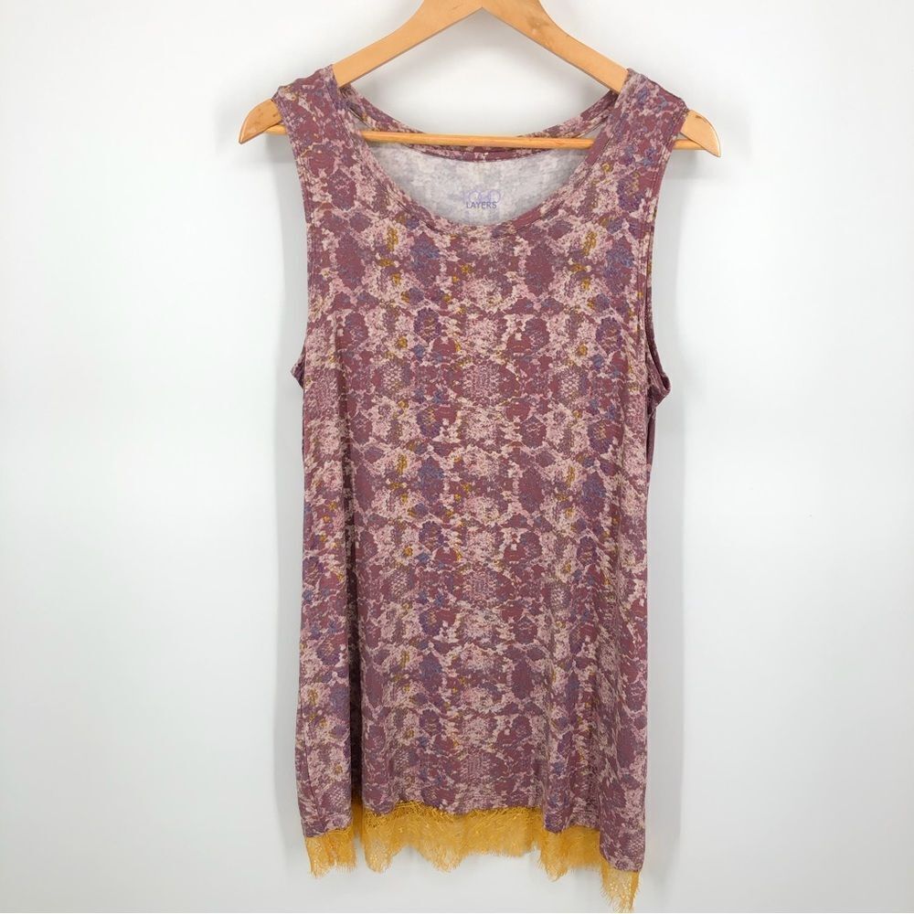 LOGO Lori Goldstein Logo Layers Tunic Tank Top Womens Large Purple‎ Yellow Lace